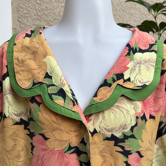 Vintage Handmade Floral Short Sleeve Silk Midi Dress with Collar - Picture 3 of 7